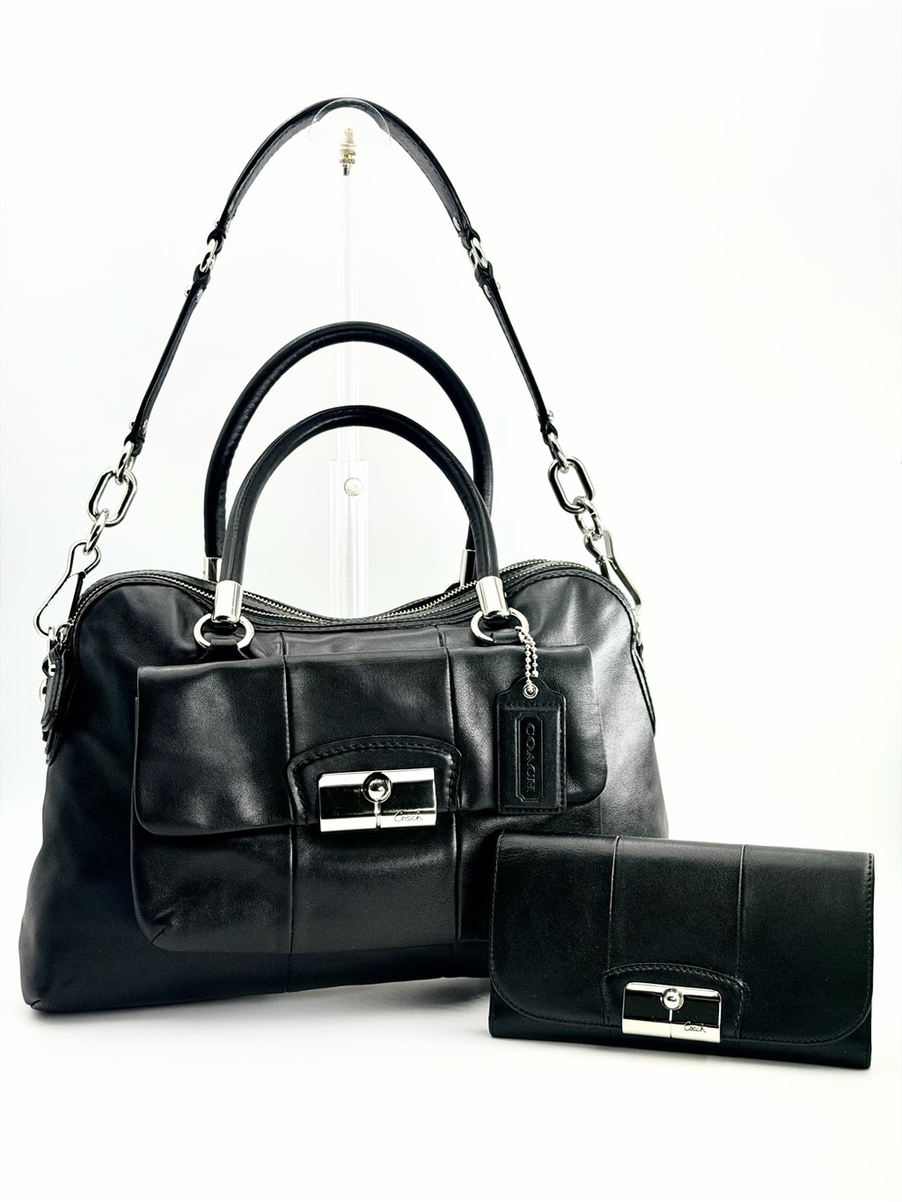 Coach Kristin Black Leather Satchel Handbag + Matching Wallet Bundle